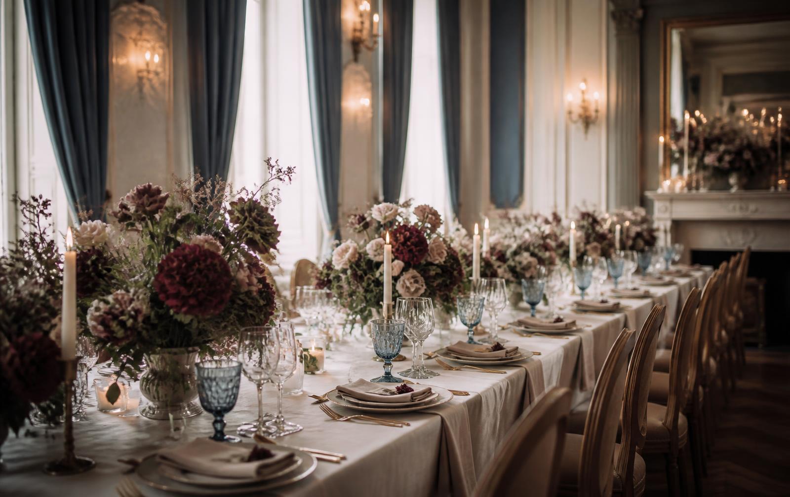 Candlelit reception tables with burgundy florals and dusty blue glassware