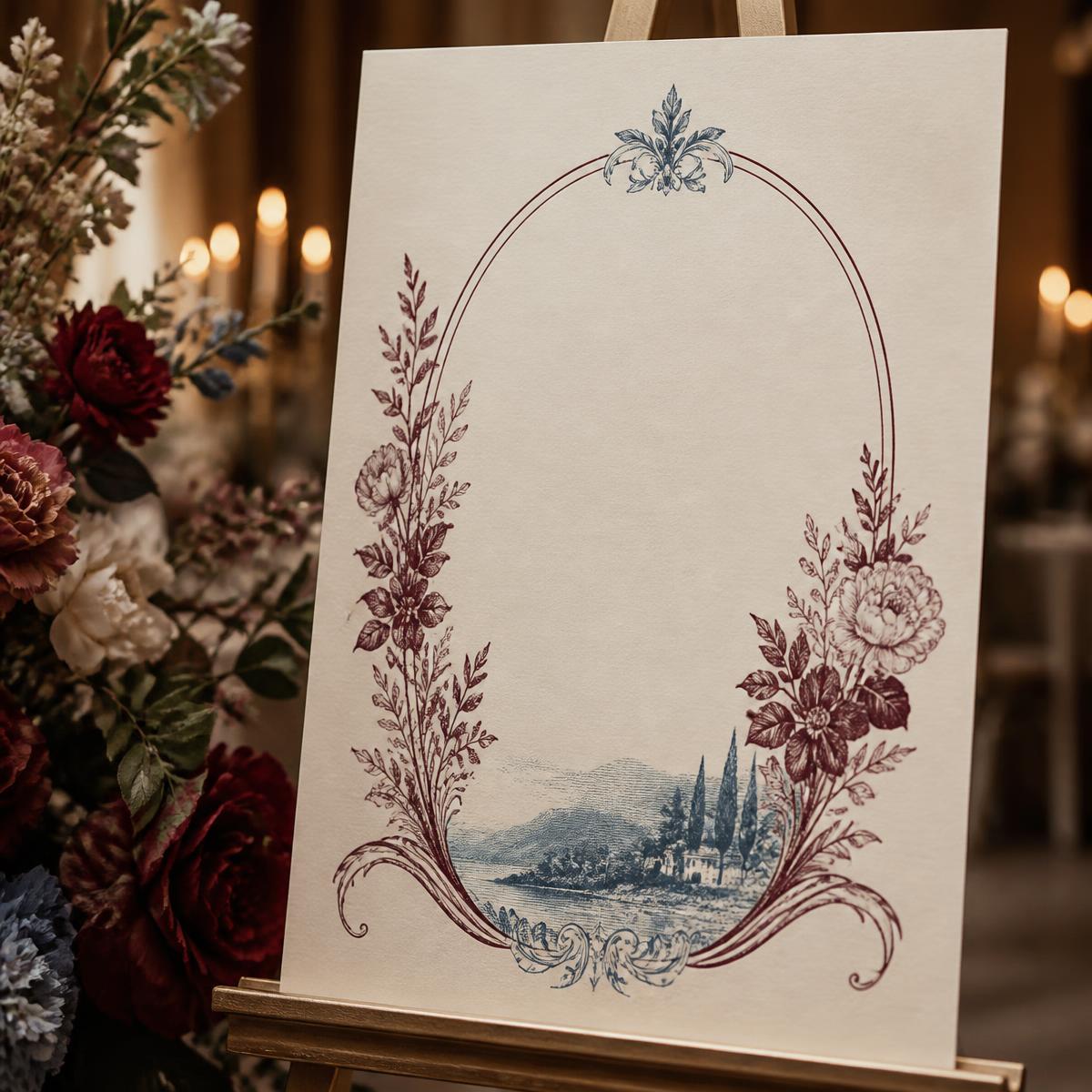 Printed event sign in cream and burgundy on an easel beside florals